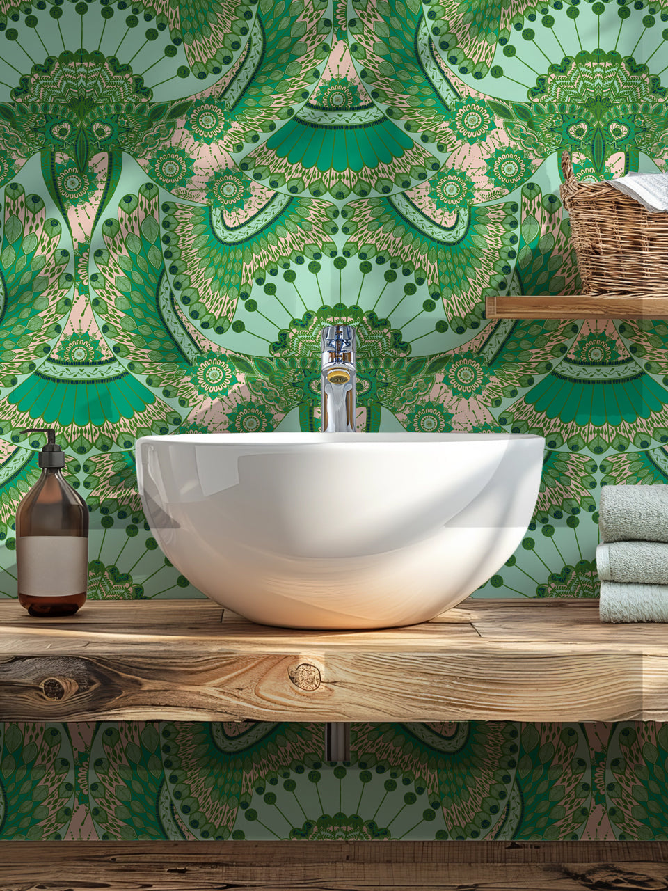 Eclectic bathroom interior with soft pink and green henna-style bird wallpaper for a vibrant statement.