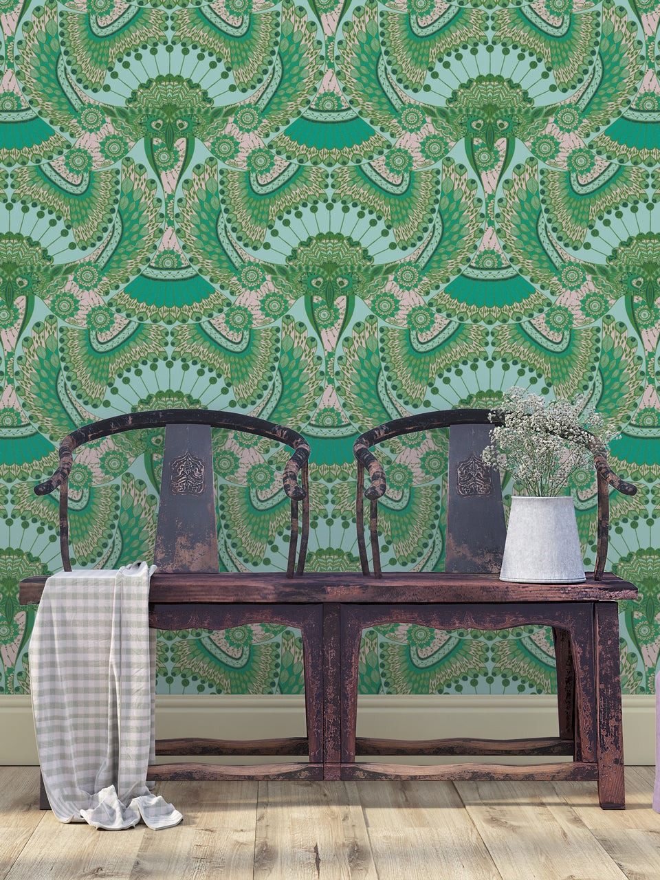 Jaipur-inspired vibrant wallpaper featuring Indian bird motifs, perfect for maximalist mudroom walls.
