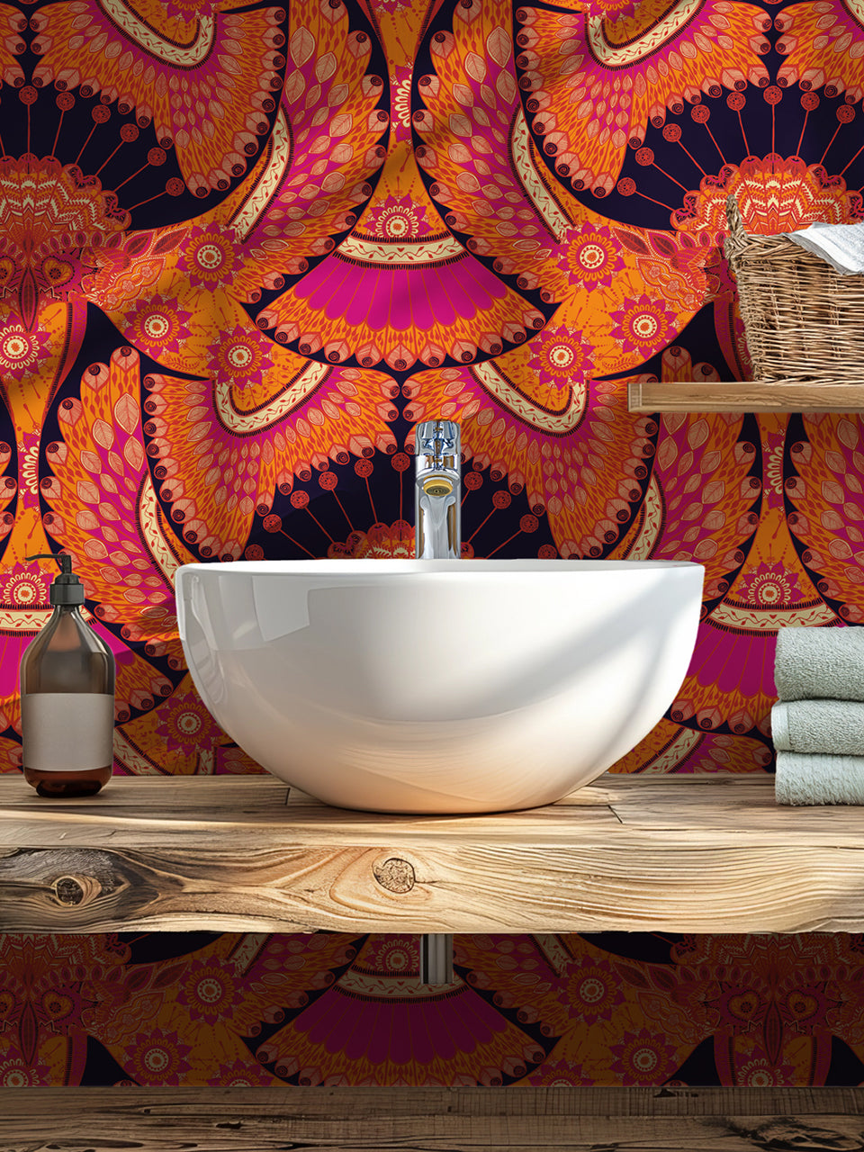 Henna-inspired wallpaper in a bathroom with bold motifs and deep jewel tones—ideal for eclectic, boho-style interiors.
