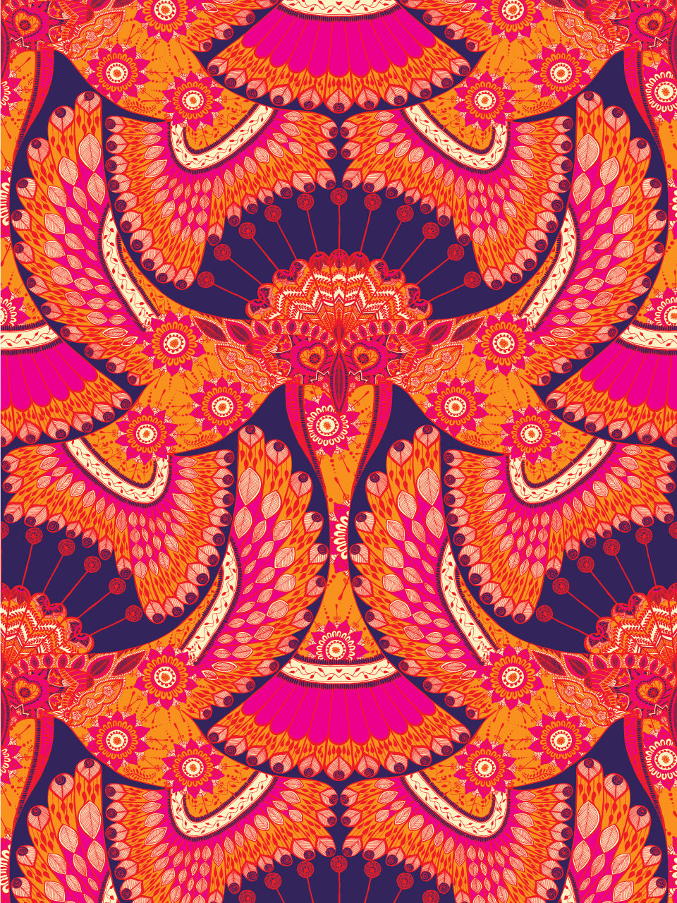 Bohemian wallpaper close-up showing the intricate henna-inspired parrot motif in tangerine, fuchsia and aubergine.