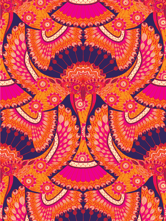Bohemian wallpaper close-up showing the intricate henna-inspired parrot motif in tangerine, fuchsia and aubergine.