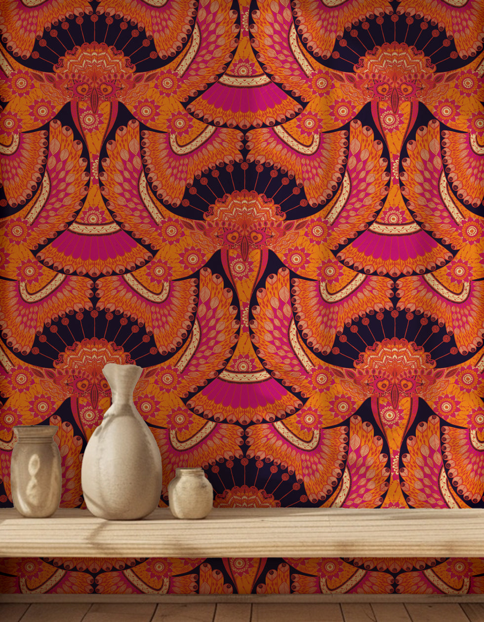 Colourful parrot wallpaper in a bohemian living room with warm tangerine, cream and fuchsia on an aubergine base.