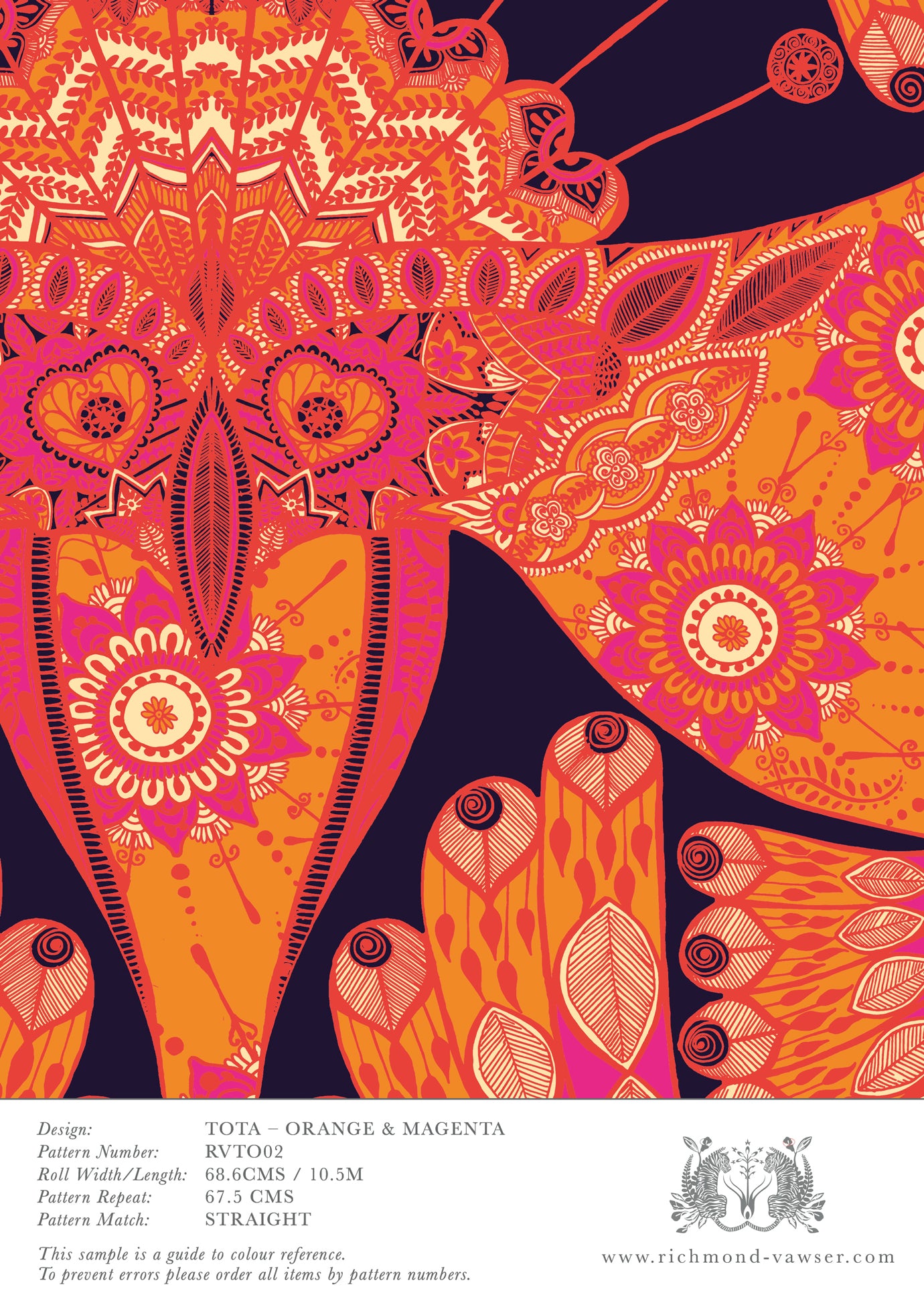 A4 sample of Tota Orange & Magenta wallpaper with certified UK production and eco-conscious printing.