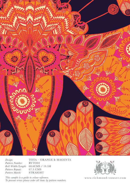 A4 sample of Tota Orange & Magenta wallpaper with certified UK production and eco-conscious printing.