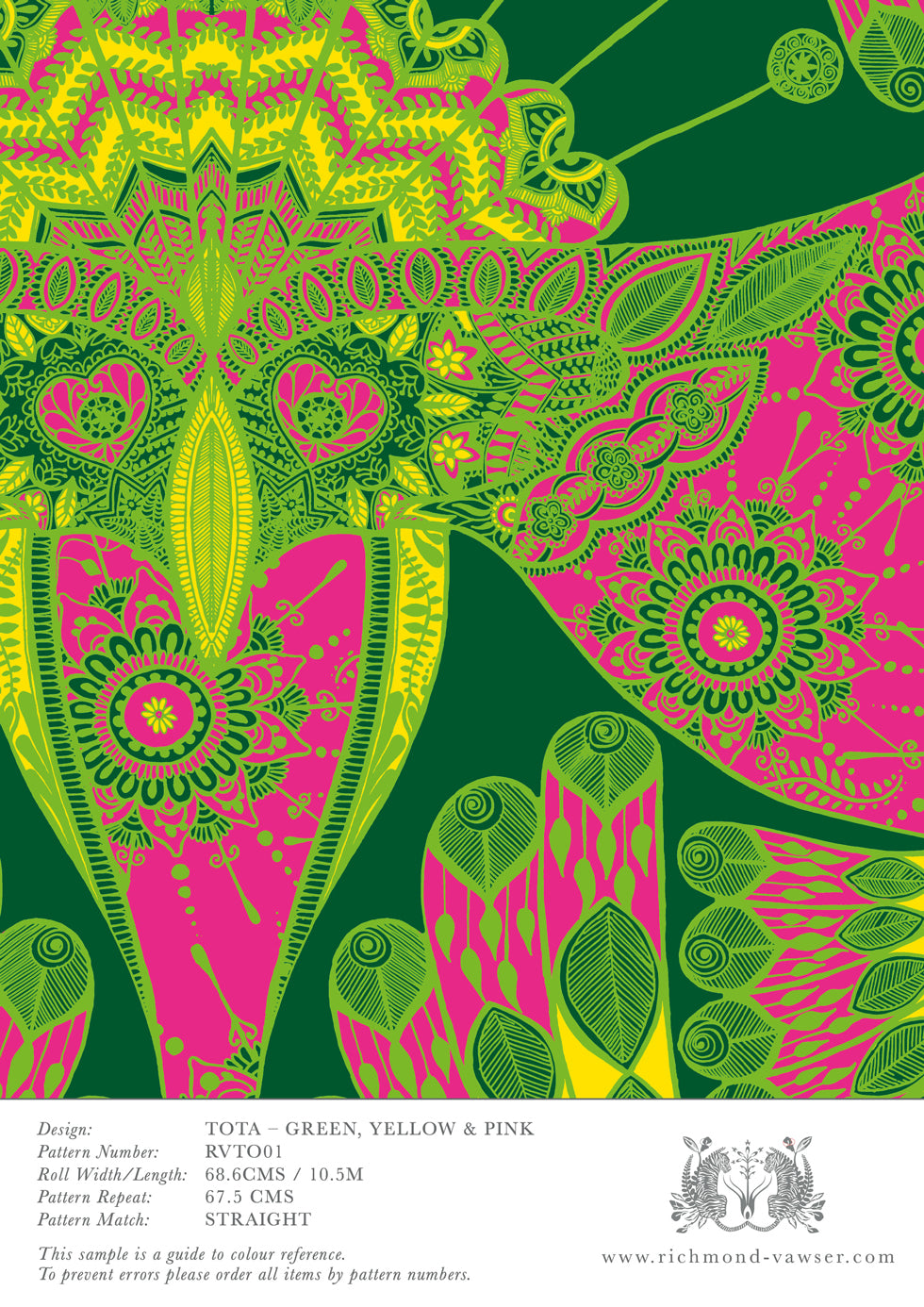 English wallpaper sample of the Tota parrot design showing pattern repeat and size.