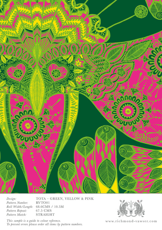 English wallpaper sample of the Tota parrot design showing pattern repeat and size.