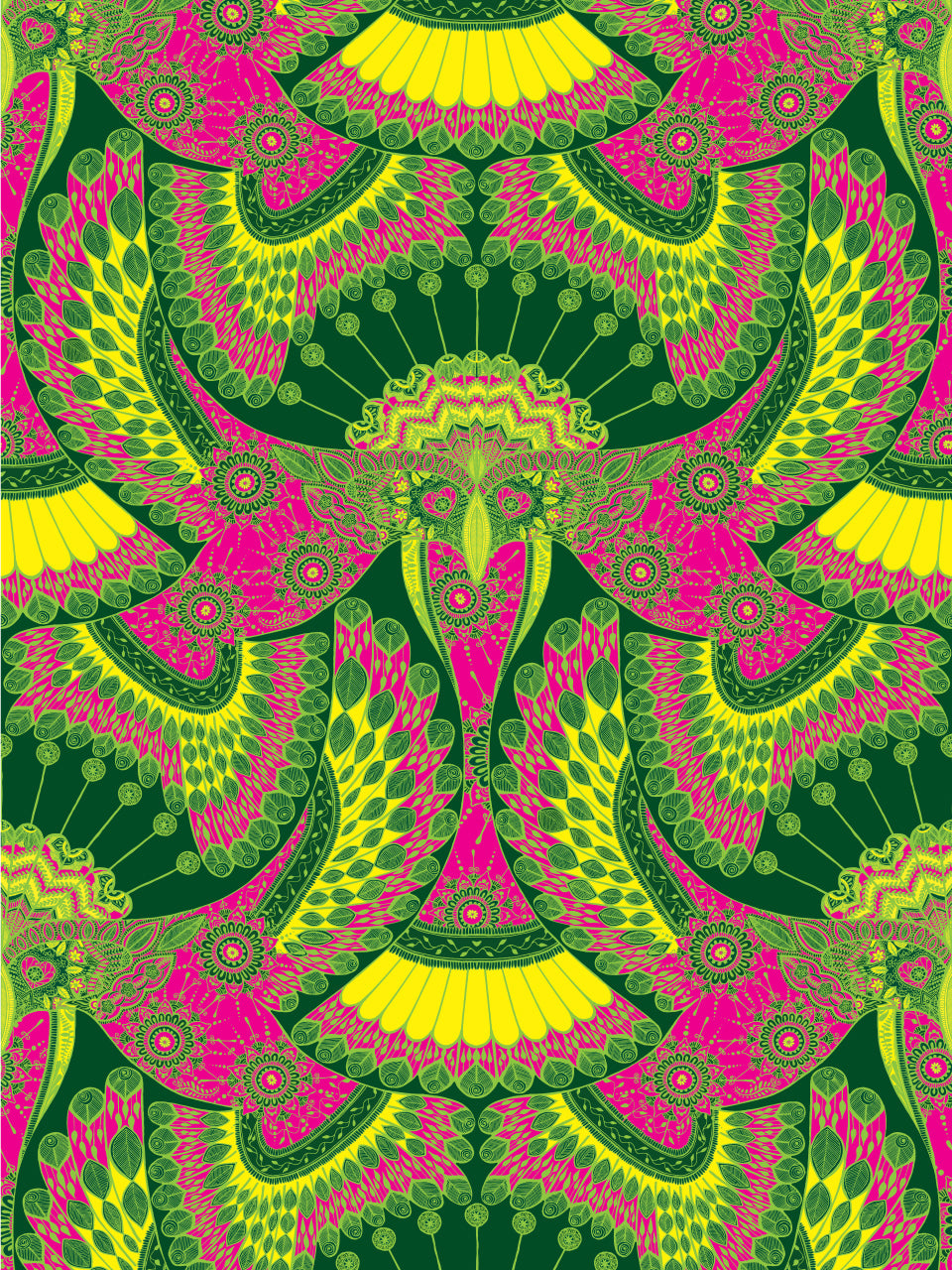 Tota wallpaper with bright magenta, lime and citrus tones in an electric parrot print.
