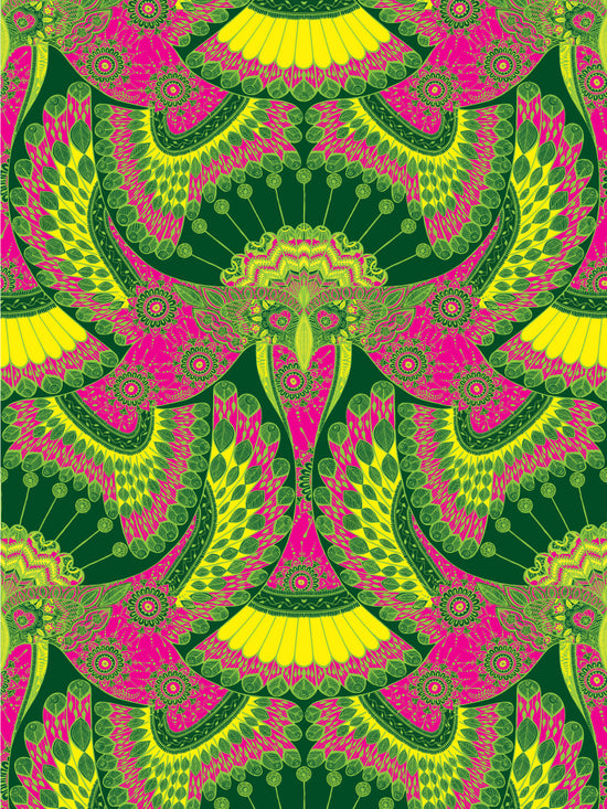 Tota wallpaper with bright magenta, lime and citrus tones in an electric parrot print.