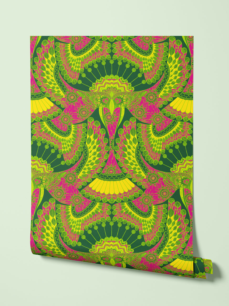 Tota wallpaper roll hanging against a soft wall, inspired by Indian henna-style artwork.