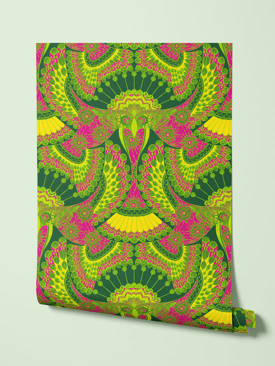 Tota wallpaper roll hanging against a soft wall, inspired by Indian henna-style artwork.