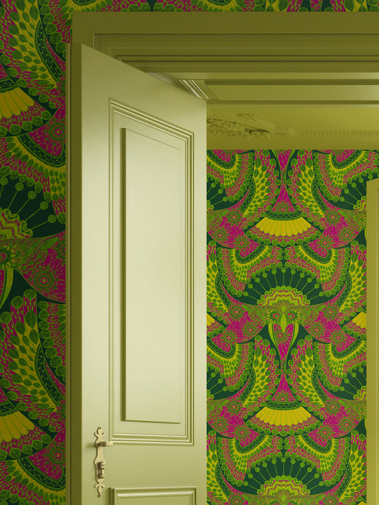 Statement wall featuring vivid jungle tones in lime, magenta, and acid yellow.